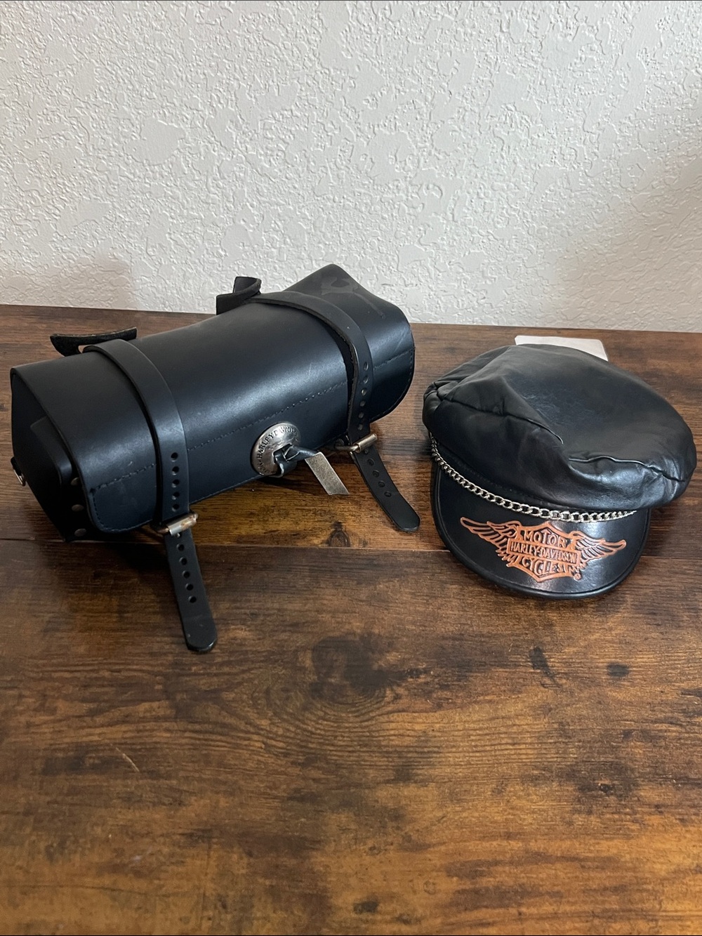 Harley-Davidson Black Leather Roll Tool Bag with Strap Closures